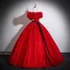 Vintage / Retro Red Appliques Satin Prom Dresses 2025 Ball Gown Off-The-Shoulder Short Sleeve Backless Bow Sash Floor-Length / Long Formal Dresses