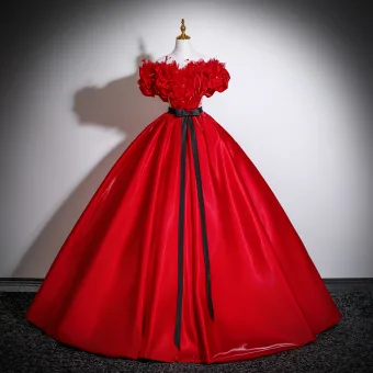 Vintage Originale Rouge Appliques Satin Robe De Bal 2025 Robe Boule De L Épaule Manches Courtes Dos Nu Noeud Ceinture Longue Robe De Ceremonie