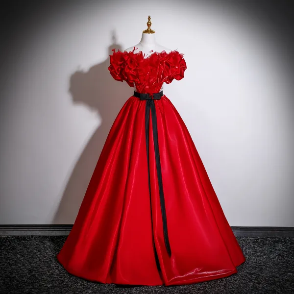Vintage / Retro Red Appliques Satin Prom Dresses 2025 Ball Gown Off-The-Shoulder Short Sleeve Backless Bow Sash Floor-Length / Long Formal Dresses