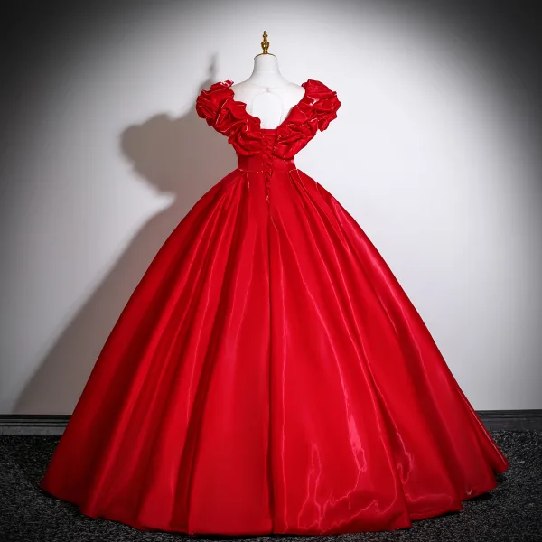 Vintage / Retro Red Beading Pearl Sequins Satin Prom Dresses 2025 Ball Gown Scoop Neck Short Sleeve Backless Floor-Length / Long Formal Dresses