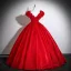 Vintage / Retro Red Beading Pearl Sequins Satin Prom Dresses 2025 Ball Gown Scoop Neck Short Sleeve Backless Floor-Length / Long Formal Dresses