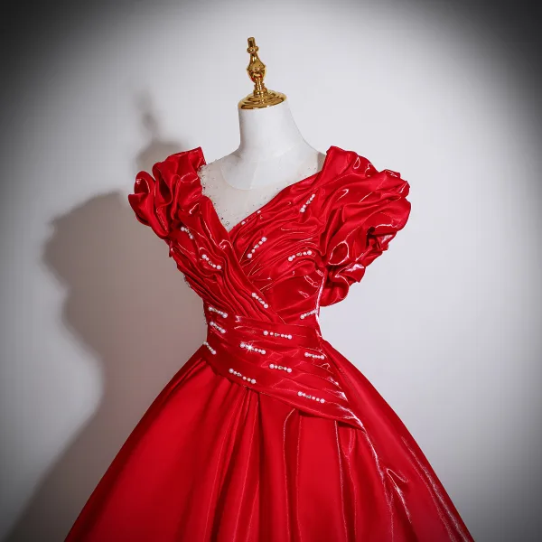 Vintage / Retro Red Beading Pearl Sequins Satin Prom Dresses 2025 Ball Gown Scoop Neck Short Sleeve Backless Floor-Length / Long Formal Dresses