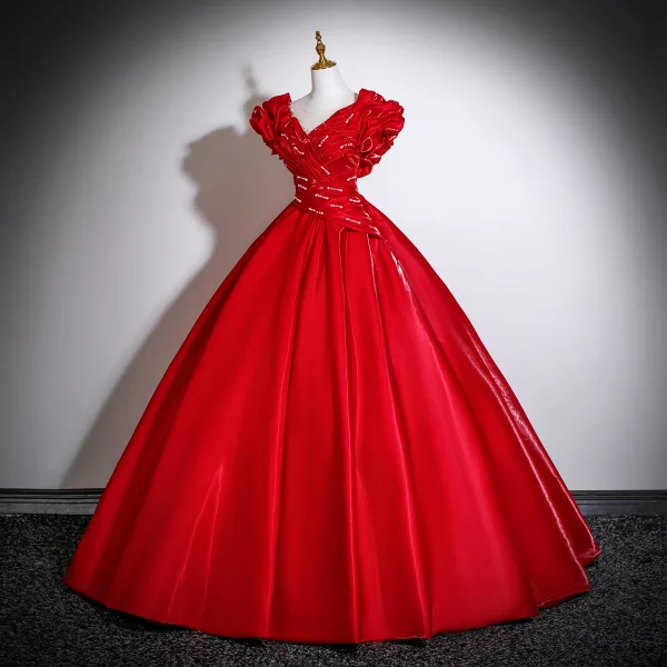 Vintage / Retro Red Beading Pearl Sequins Satin Prom Dresses 2025 Ball Gown Scoop Neck Short Sleeve Backless Floor-Length / Long Formal Dresses