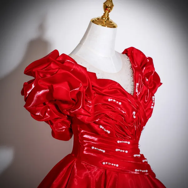 Vintage / Retro Red Beading Pearl Sequins Satin Prom Dresses 2025 Ball Gown Scoop Neck Short Sleeve Backless Floor-Length / Long Formal Dresses