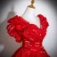 Vintage / Retro Red Beading Pearl Sequins Satin Prom Dresses 2025 Ball Gown Scoop Neck Short Sleeve Backless Floor-Length / Long Formal Dresses