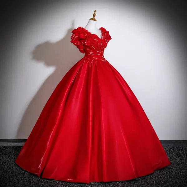 Vintage / Retro Red Beading Pearl Sequins Satin Prom Dresses 2025 Ball Gown Scoop Neck Short Sleeve Backless Floor-Length / Long Formal Dresses