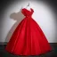 Vintage / Retro Red Beading Pearl Sequins Satin Prom Dresses 2025 Ball Gown Scoop Neck Short Sleeve Backless Floor-Length / Long Formal Dresses