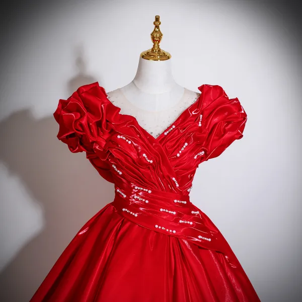 Vintage / Retro Red Beading Pearl Sequins Satin Prom Dresses 2025 Ball Gown Scoop Neck Short Sleeve Backless Floor-Length / Long Formal Dresses