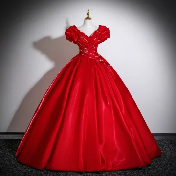 Vintage Retro Red Beading Pearl Sequins Satin Prom Dresses 2025 Ball Gown Scoop Neck Short Sleeve Backless Floor Length Long Formal Dresses