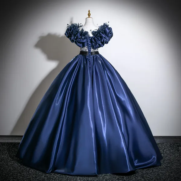 Vintage / Retro Navy Blue Appliques Satin Prom Dresses 2025 Ball Gown Scoop Neck Bow Sash Short Sleeve Backless Floor-Length / Long Formal Dresses