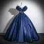 Vintage / Retro Navy Blue Appliques Satin Prom Dresses 2025 Ball Gown Scoop Neck Bow Sash Short Sleeve Backless Floor-Length / Long Formal Dresses