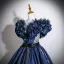 Vintage / Retro Navy Blue Appliques Satin Prom Dresses 2025 Ball Gown Scoop Neck Bow Sash Short Sleeve Backless Floor-Length / Long Formal Dresses