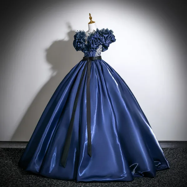Vintage / Retro Navy Blue Appliques Satin Prom Dresses 2025 Ball Gown Scoop Neck Bow Sash Short Sleeve Backless Floor-Length / Long Formal Dresses