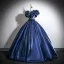 Vintage / Retro Navy Blue Appliques Satin Prom Dresses 2025 Ball Gown Scoop Neck Bow Sash Short Sleeve Backless Floor-Length / Long Formal Dresses