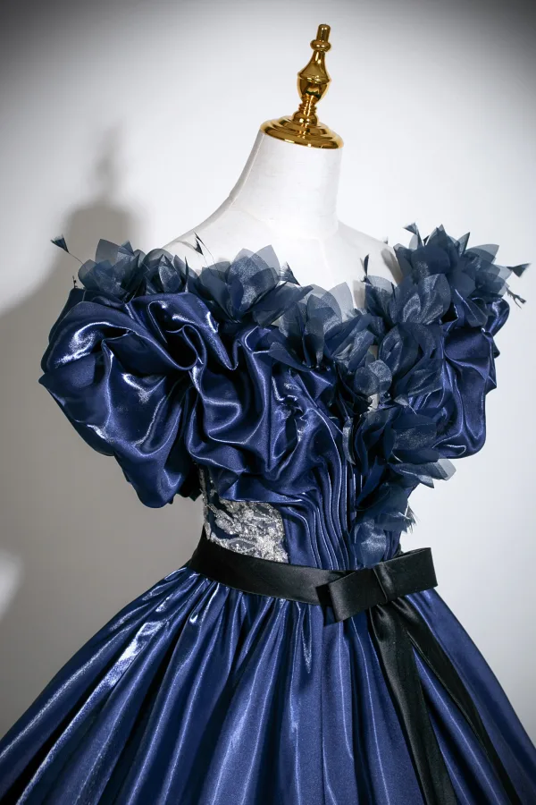 Vintage / Retro Navy Blue Appliques Satin Prom Dresses 2025 Ball Gown Scoop Neck Bow Sash Short Sleeve Backless Floor-Length / Long Formal Dresses