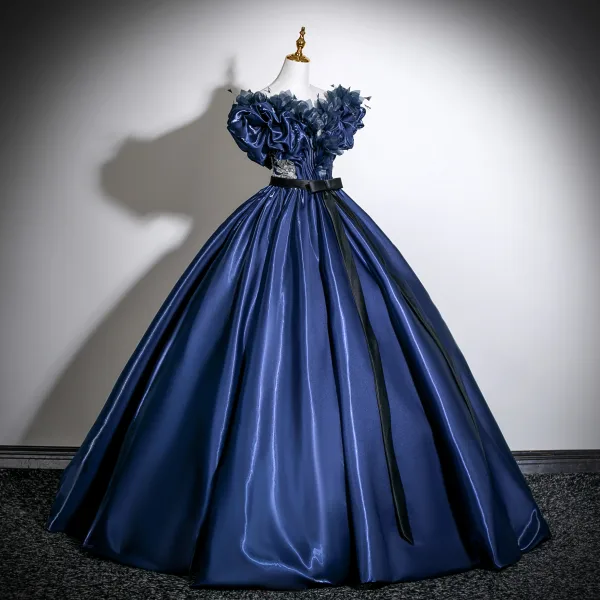 Vintage / Retro Navy Blue Appliques Satin Prom Dresses 2025 Ball Gown Scoop Neck Bow Sash Short Sleeve Backless Floor-Length / Long Formal Dresses