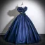 Vintage / Retro Navy Blue Appliques Satin Prom Dresses 2025 Ball Gown Scoop Neck Bow Sash Short Sleeve Backless Floor-Length / Long Formal Dresses