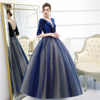 Classic Royal Blue Prom Dresses 2020 Ball Gown Deep V Neck 1 2 Sleeves Star Embroidered Floor Length Long Ruffle Backless Formal Dresses