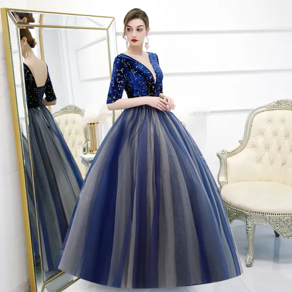Classic Royal Blue Prom Dresses 2020 Ball Gown Deep V-Neck 1/2 Sleeves Star Embroidered Floor-Length / Long Ruffle Backless Formal Dresses