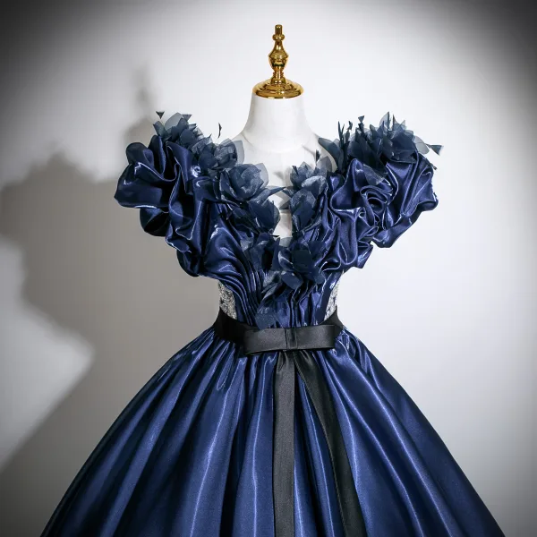 Vintage / Retro Navy Blue Appliques Satin Prom Dresses 2025 Ball Gown Scoop Neck Bow Sash Short Sleeve Backless Floor-Length / Long Formal Dresses