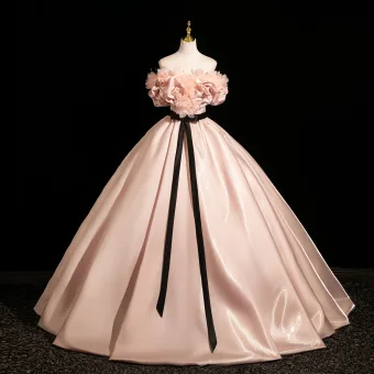 Élégant Rougissant Rose Appliques Satin Robe De Bal 2025 Robe Boule Bustier Sans Manches Dos Nu Noeud Ceinture Longue Robe De Ceremonie