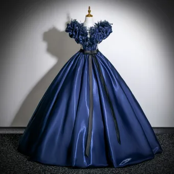 Vintage Originale Bleu Marine Appliques Satin Robe De Bal 2025 Robe Boule Encolure Dégagée Noeud Ceinture Manches Courtes Dos Nu Longue Robe De Ceremonie