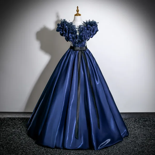 Vintage / Retro Navy Blue Appliques Satin Prom Dresses 2025 Ball Gown Scoop Neck Bow Sash Short Sleeve Backless Floor-Length / Long Formal Dresses