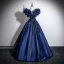 Vintage / Retro Navy Blue Appliques Satin Prom Dresses 2025 Ball Gown Scoop Neck Bow Sash Short Sleeve Backless Floor-Length / Long Formal Dresses