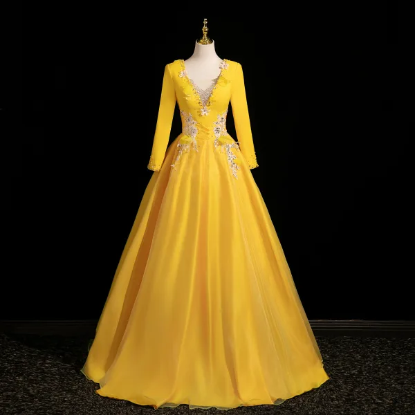 Vintage / Retro Yellow Beading Appliques Prom Dresses 2025 Ball Gown V-Neck Long Sleeve Backless Floor-Length / Long Formal Dresses