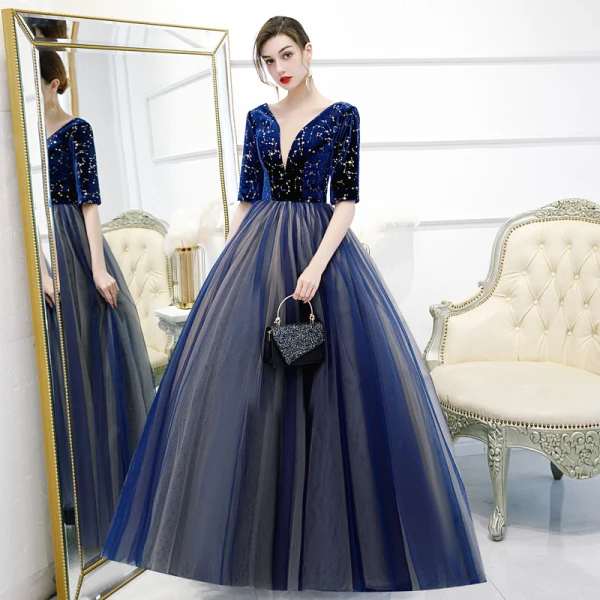 Classic Royal Blue Prom Dresses 2020 Ball Gown Deep V-Neck 1/2 Sleeves Star Embroidered Floor-Length / Long Ruffle Backless Formal Dresses