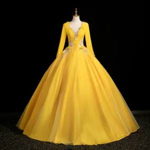 Vintage Retro Yellow Beading Appliques Prom Dresses 2025 Ball Gown V Neck Long Sleeve Backless Floor Length Long Formal Dresses