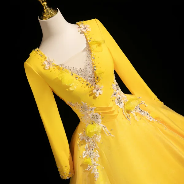 Vintage / Retro Yellow Beading Appliques Prom Dresses 2025 Ball Gown V-Neck Long Sleeve Backless Floor-Length / Long Formal Dresses