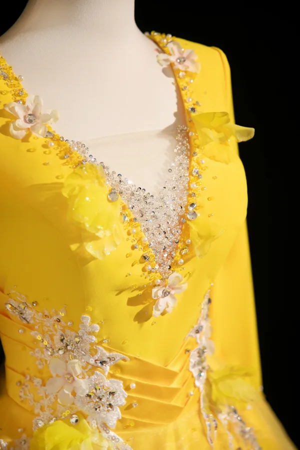Vintage / Retro Yellow Beading Appliques Prom Dresses 2025 Ball Gown V-Neck Long Sleeve Backless Floor-Length / Long Formal Dresses