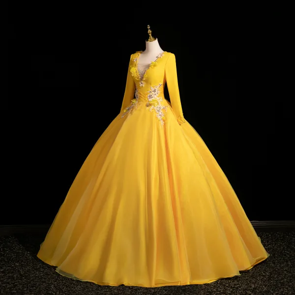 Vintage / Retro Yellow Beading Appliques Prom Dresses 2025 Ball Gown V-Neck Long Sleeve Backless Floor-Length / Long Formal Dresses