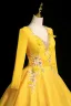 Vintage / Retro Yellow Beading Appliques Prom Dresses 2025 Ball Gown V-Neck Long Sleeve Backless Floor-Length / Long Formal Dresses
