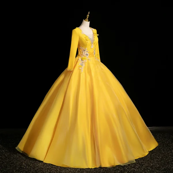 Vintage / Retro Yellow Beading Appliques Prom Dresses 2025 Ball Gown V-Neck Long Sleeve Backless Floor-Length / Long Formal Dresses