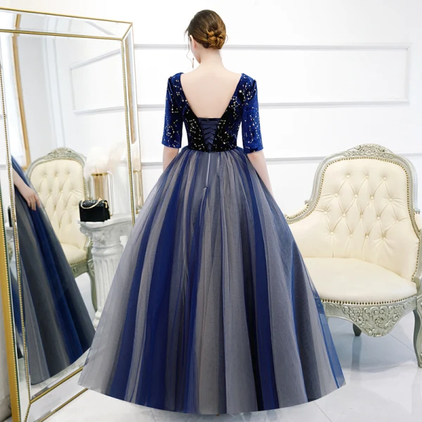 Classic Royal Blue Prom Dresses 2020 Ball Gown Deep V-Neck 1/2 Sleeves Star Embroidered Floor-Length / Long Ruffle Backless Formal Dresses
