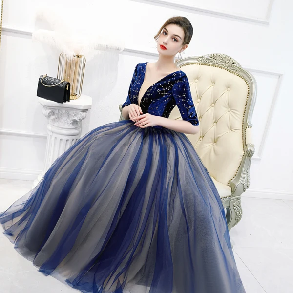 Classic Royal Blue Prom Dresses 2020 Ball Gown Deep V-Neck 1/2 Sleeves Star Embroidered Floor-Length / Long Ruffle Backless Formal Dresses