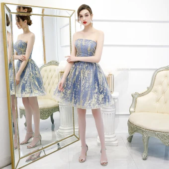 Affordable Ocean Blue Homecoming Graduation Dresses 2020 A Line Princess Strapless Sleeveless Glitter Tulle Short Ruffle Backless Formal Dresses
