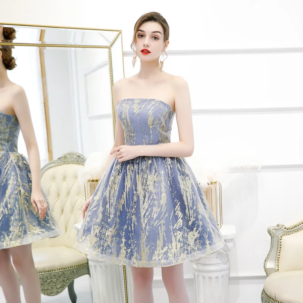 Affordable Ocean Blue Homecoming Graduation Dresses 2020 A-Line / Princess Strapless Sleeveless Glitter Tulle Short Ruffle Backless Formal Dresses