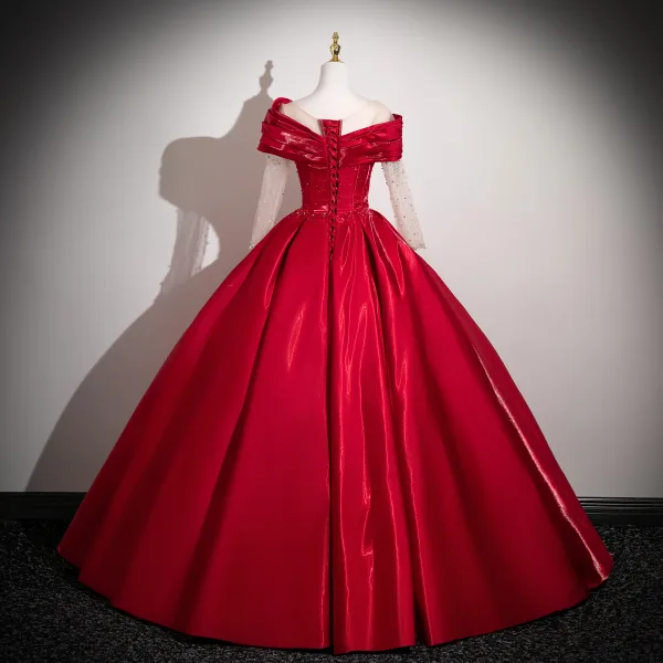 Elegant Burgundy Beading Sequins Satin Prom Dresses 2025 Ball Gown Off-The-Shoulder Long Sleeve Backless Floor-Length / Long Formal Dresses