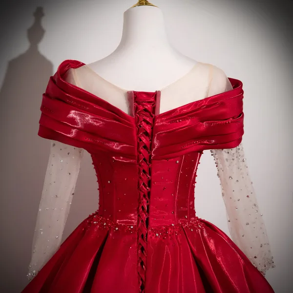 Elegant Burgundy Beading Sequins Satin Prom Dresses 2025 Ball Gown Off-The-Shoulder Long Sleeve Backless Floor-Length / Long Formal Dresses