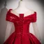 Elegant Burgundy Beading Sequins Satin Prom Dresses 2025 Ball Gown Off-The-Shoulder Long Sleeve Backless Floor-Length / Long Formal Dresses