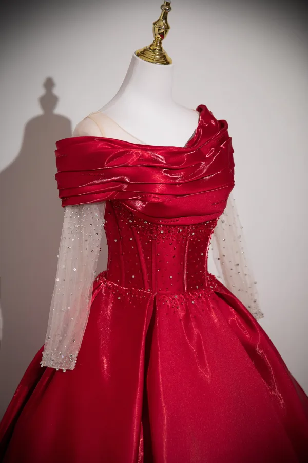 Elegant Burgundy Beading Sequins Satin Prom Dresses 2025 Ball Gown Off-The-Shoulder Long Sleeve Backless Floor-Length / Long Formal Dresses