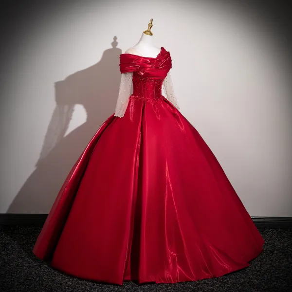 Elegant Burgundy Beading Sequins Satin Prom Dresses 2025 Ball Gown Off-The-Shoulder Long Sleeve Backless Floor-Length / Long Formal Dresses