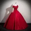 Elegant Burgundy Beading Sequins Satin Prom Dresses 2025 Ball Gown Off-The-Shoulder Long Sleeve Backless Floor-Length / Long Formal Dresses
