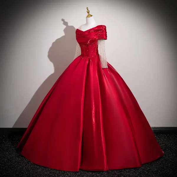 Elegant Burgundy Beading Sequins Satin Prom Dresses 2025 Ball Gown Off-The-Shoulder Long Sleeve Backless Floor-Length / Long Formal Dresses
