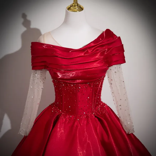 Elegant Burgundy Beading Sequins Satin Prom Dresses 2025 Ball Gown Off-The-Shoulder Long Sleeve Backless Floor-Length / Long Formal Dresses
