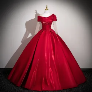 Elegant Burgundy Beading Sequins Satin Prom Dresses 2025 Ball Gown Off The Shoulder Long Sleeve Backless Floor Length Long Formal Dresses