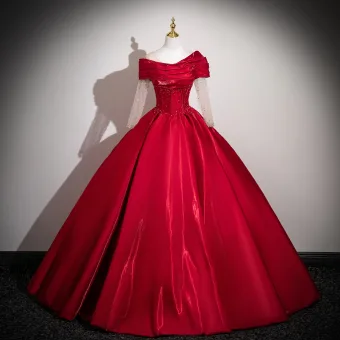 Élégant Bordeaux Perlage Paillettes Satin Robe De Bal 2025 Robe Boule De L Épaule Manches Longues Dos Nu Longue Robe De Ceremonie